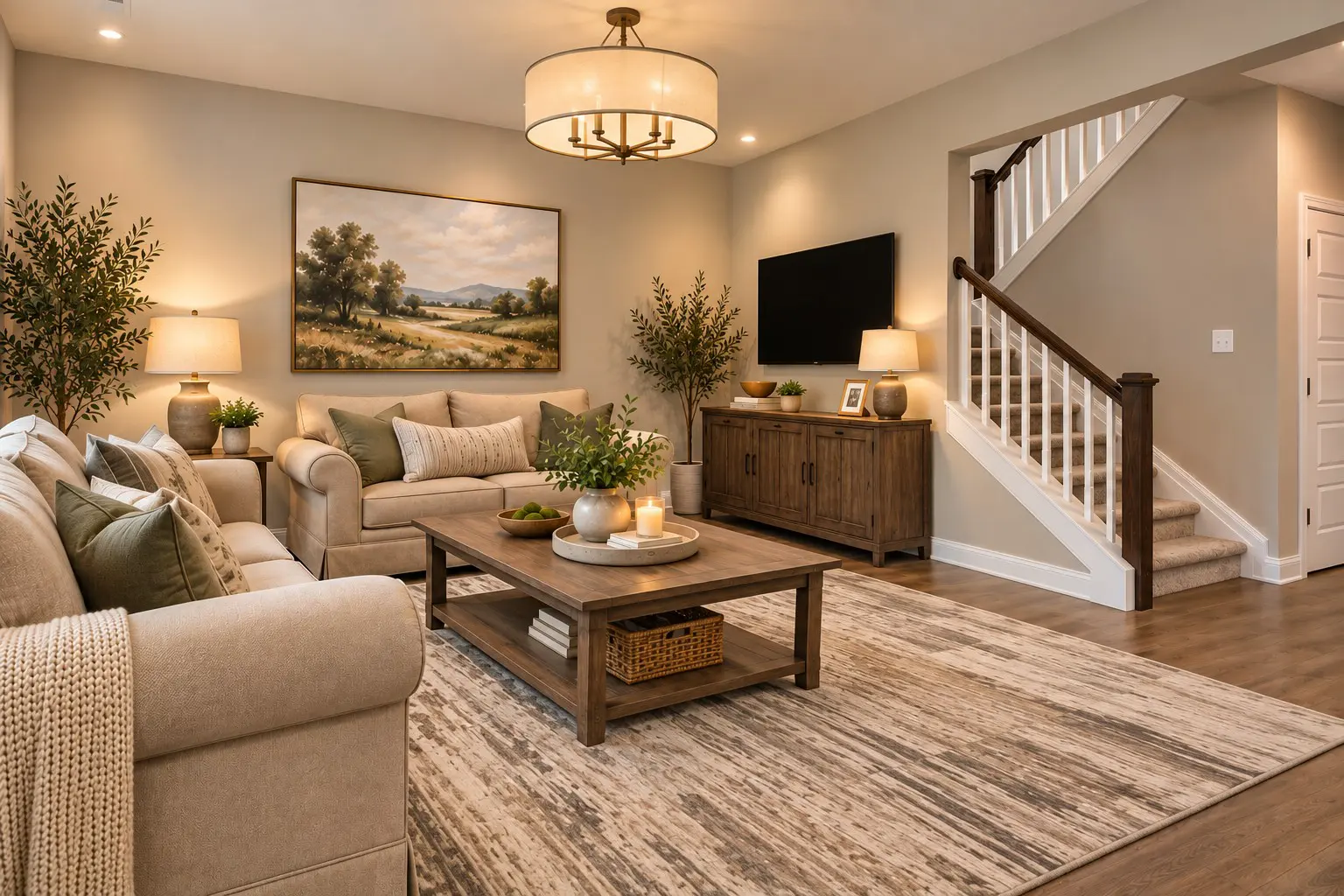 Modern living space with staircase entrance