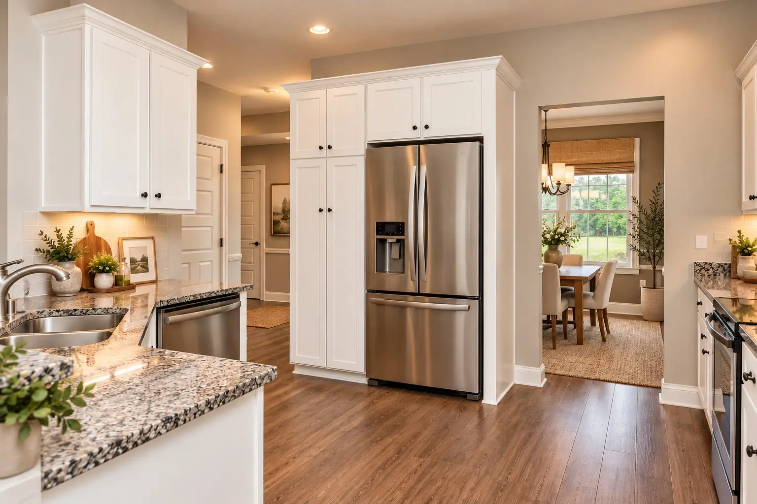 Modern kitchen with white cabinets and stainless steel appliances