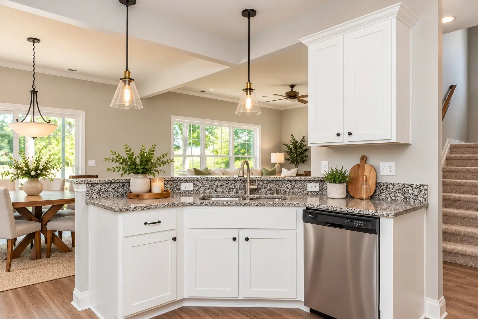 Kitchen with granite countertops and stainless steel dishwasher