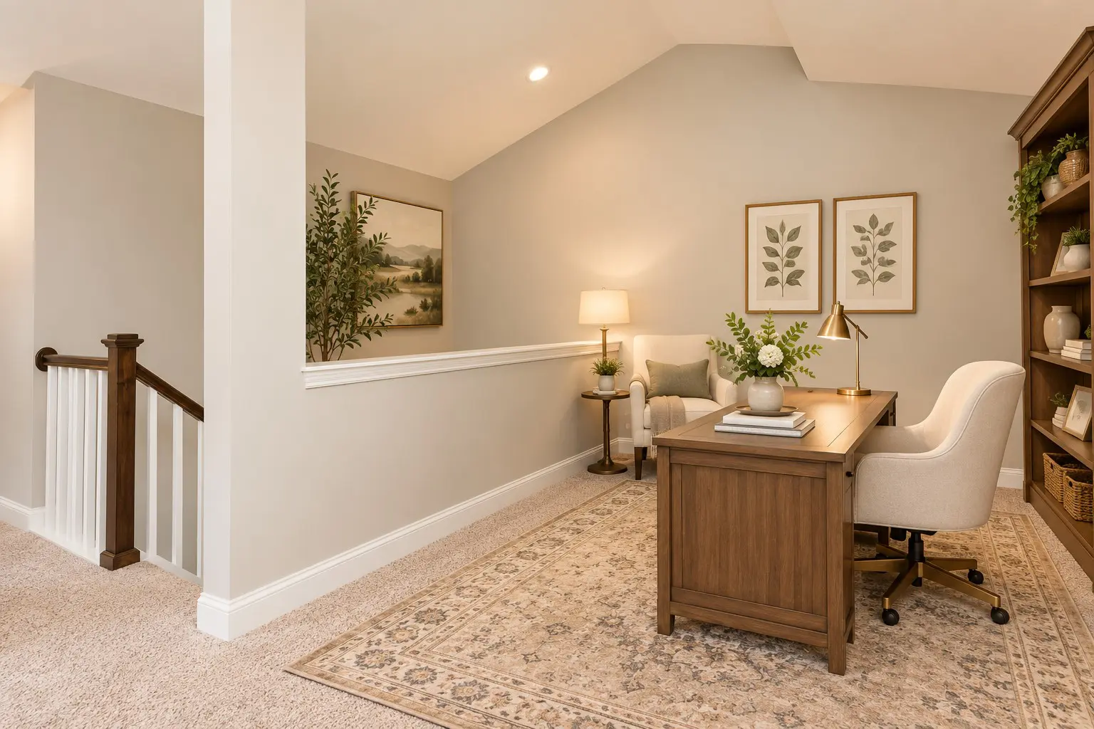Inviting workspace with stylish rug and armchair