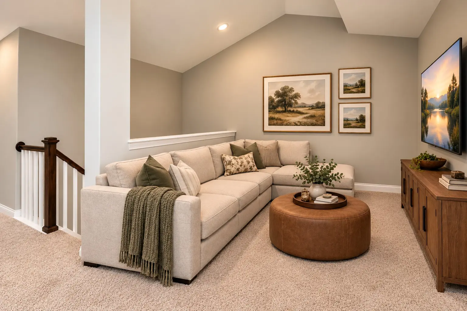 Neutral-toned basement lounge with artwork