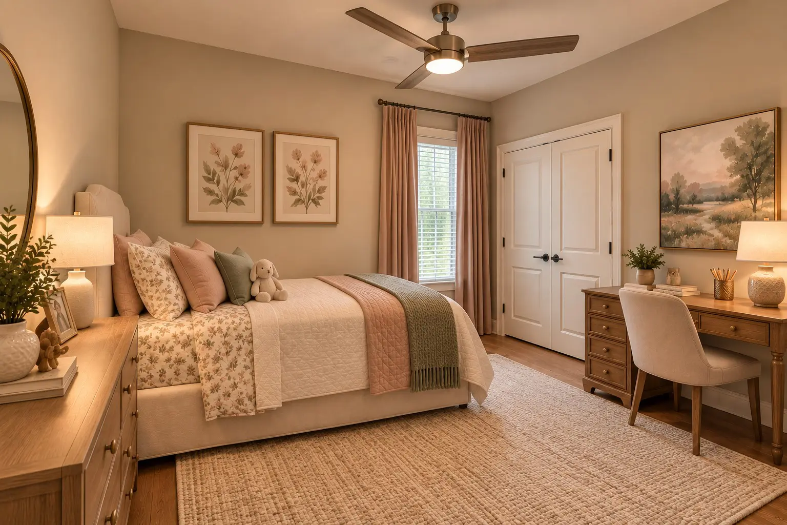 Cozy girl's bedroom with desk