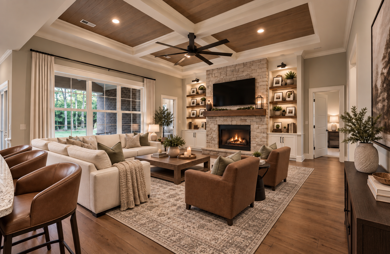 Cozy living room with fireplace and wood ceiling