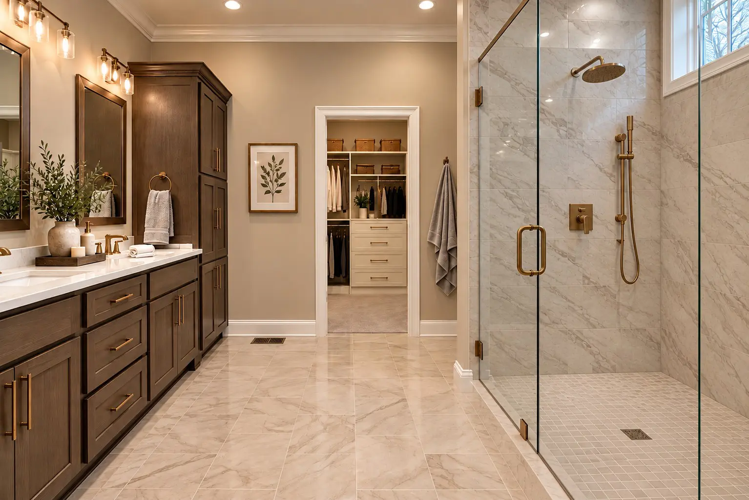 Modern bathroom with walk-in shower and closet