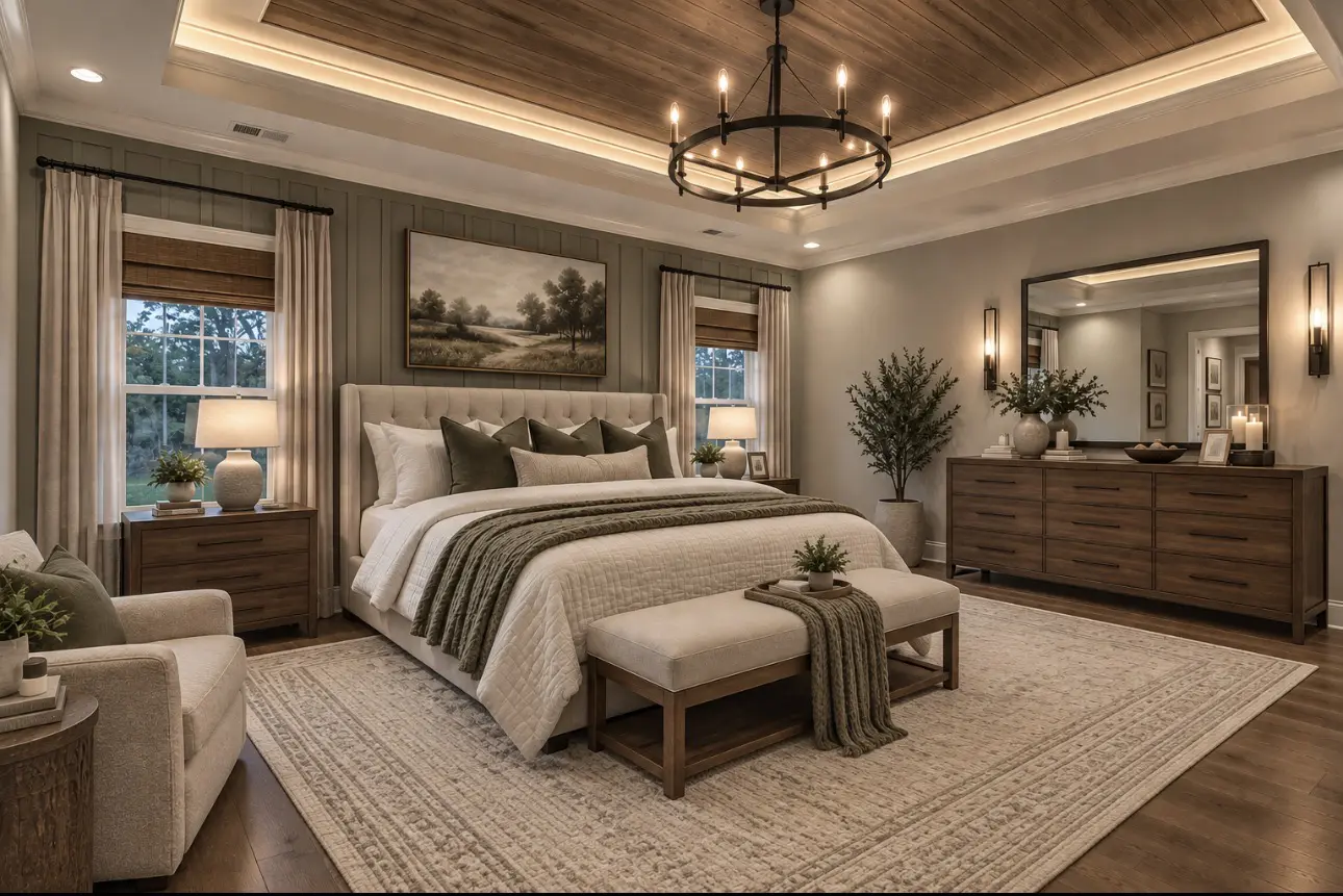 Cozy bedroom with neutral tones and green accents
