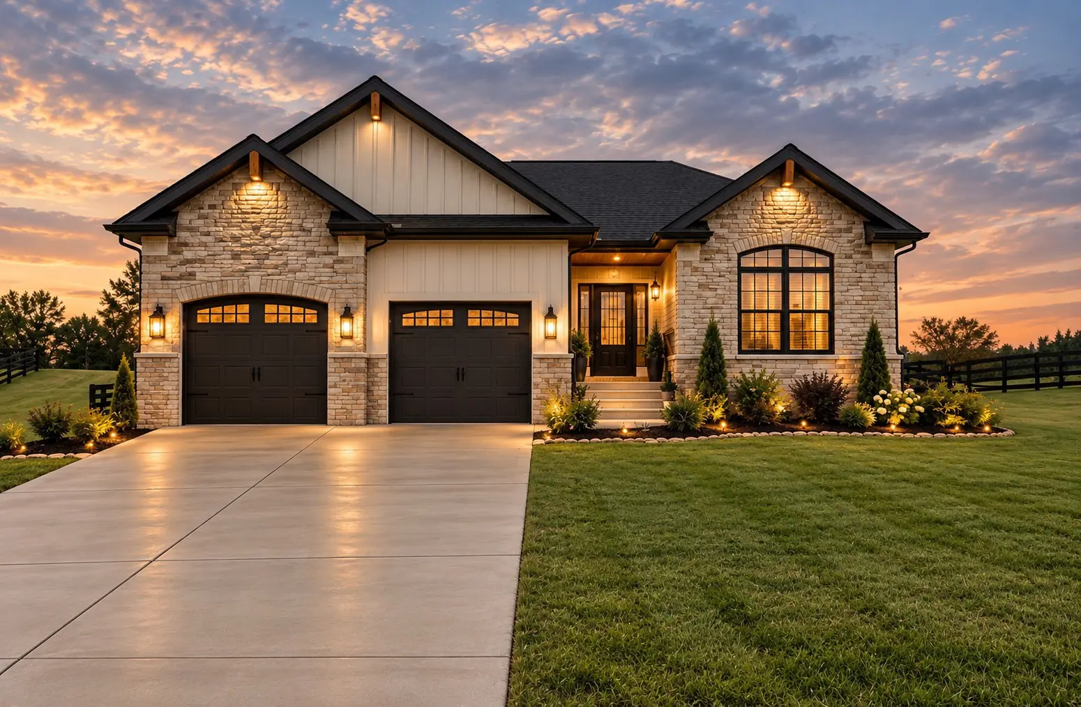 Modern stone house at sunset