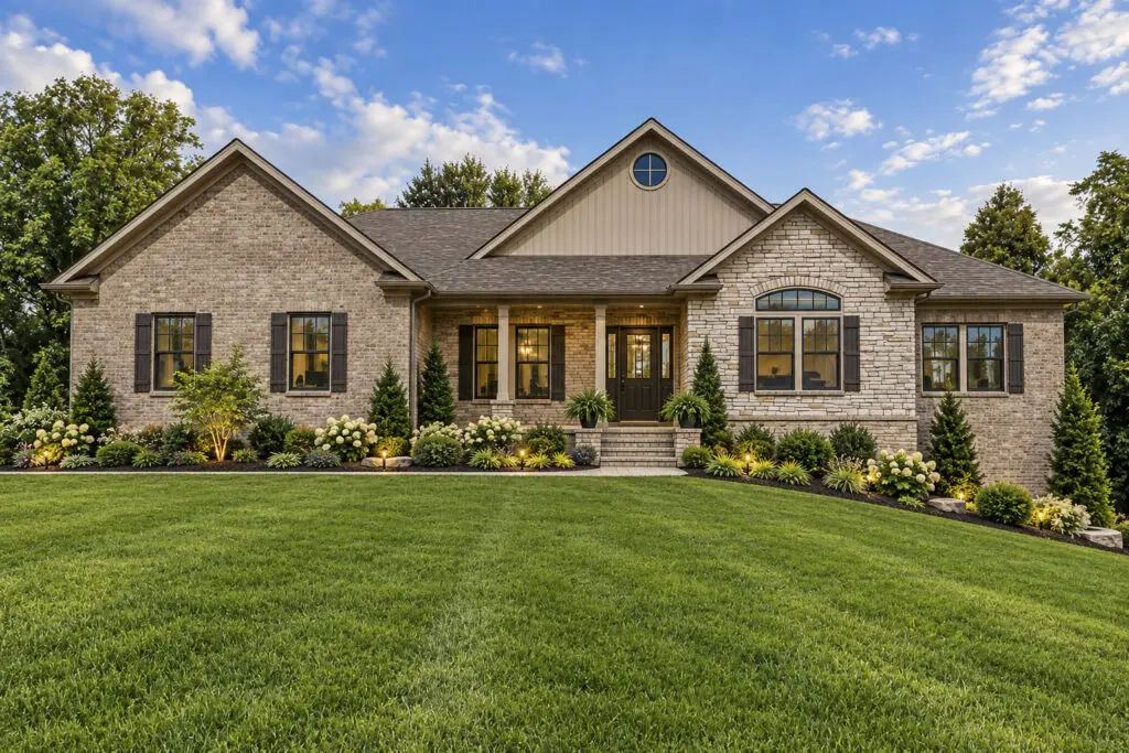 Elegant home with green lawn and shrubs