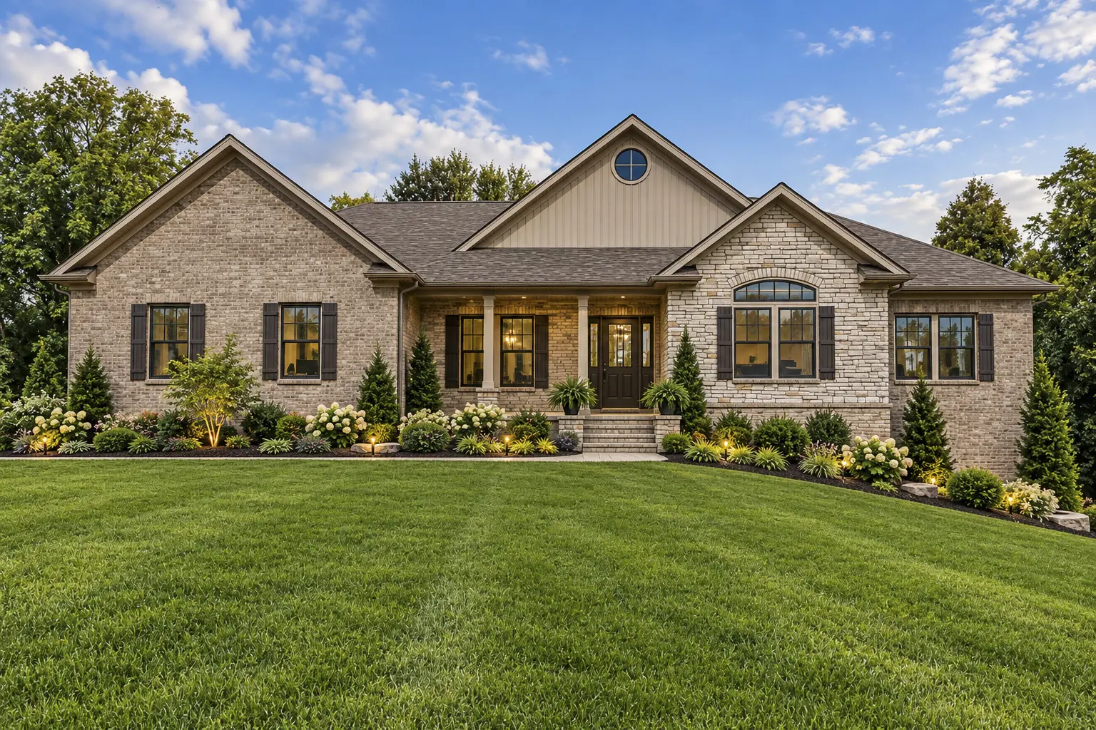 Elegant home with green lawn and shrubs