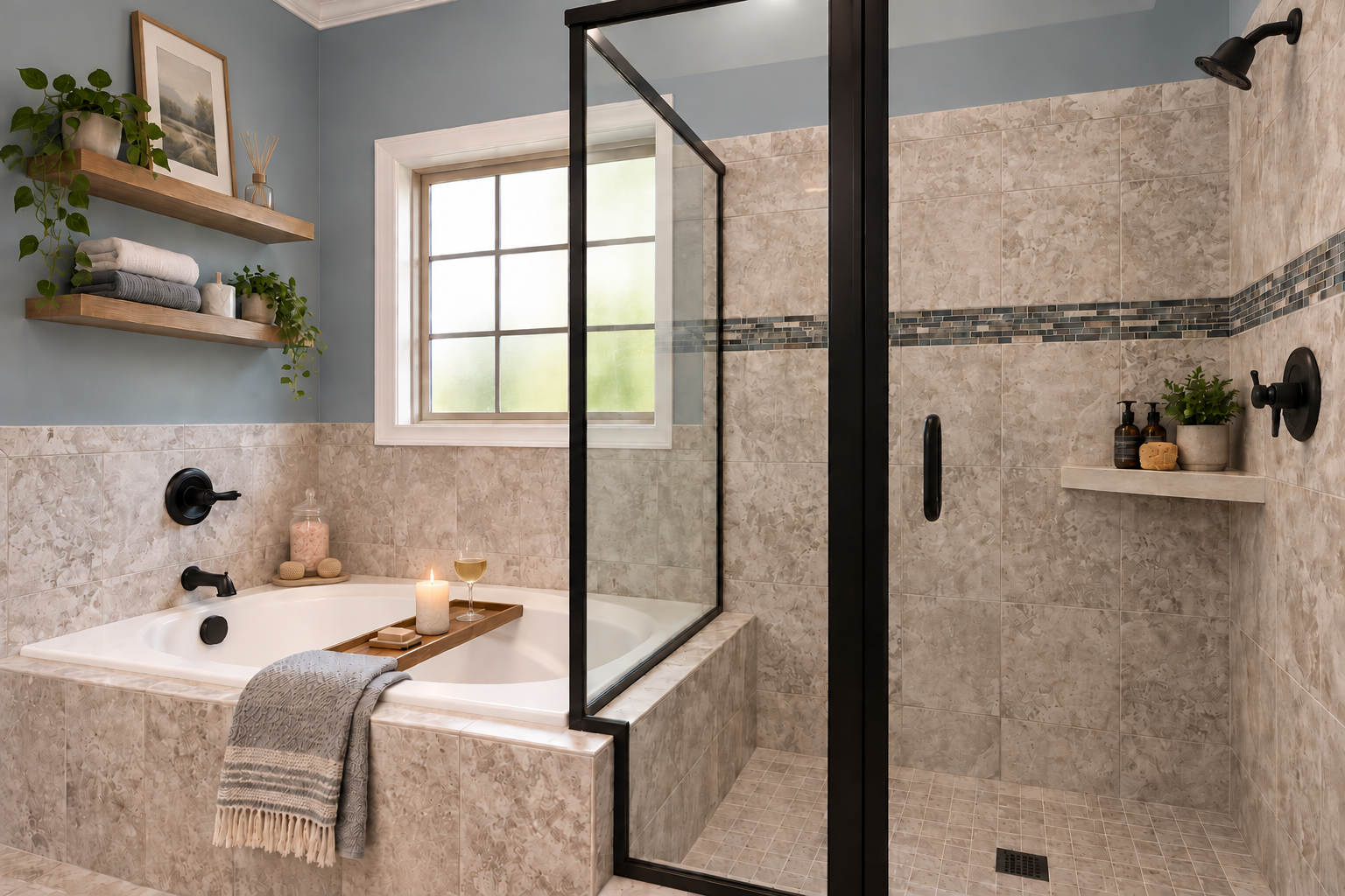 Relaxing bathroom with dark fixtures and plants