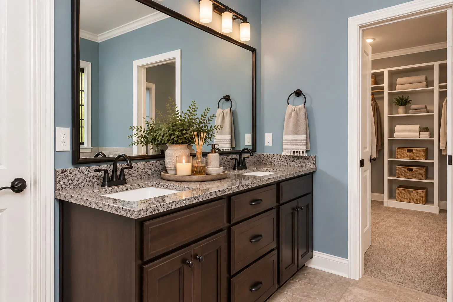 Elegant blue bathroom with dark wood cabinets