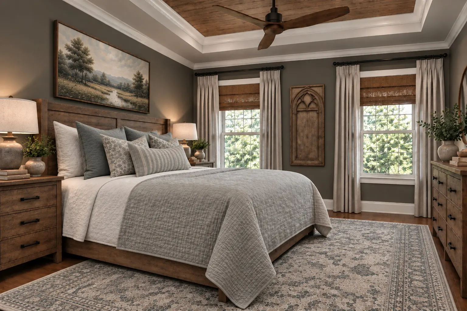 Cozy bedroom with rustic wooden furniture
