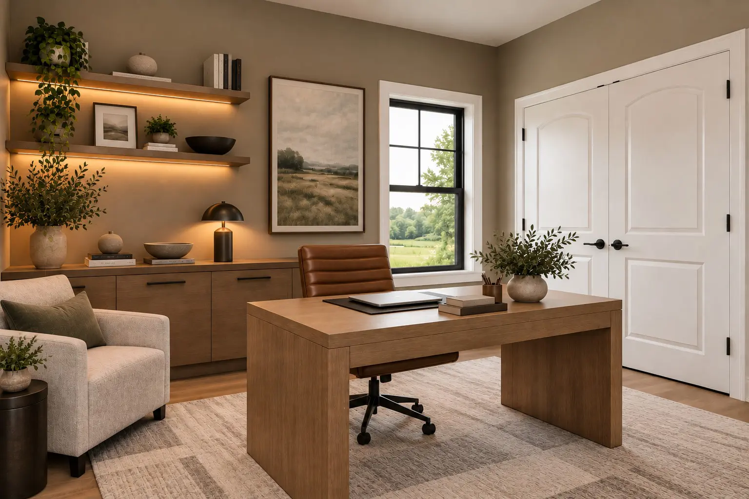 Modern home office with brown leather chair