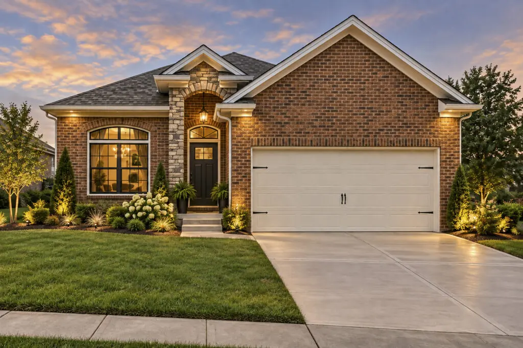 Beautiful suburban house with attached garage and lights
