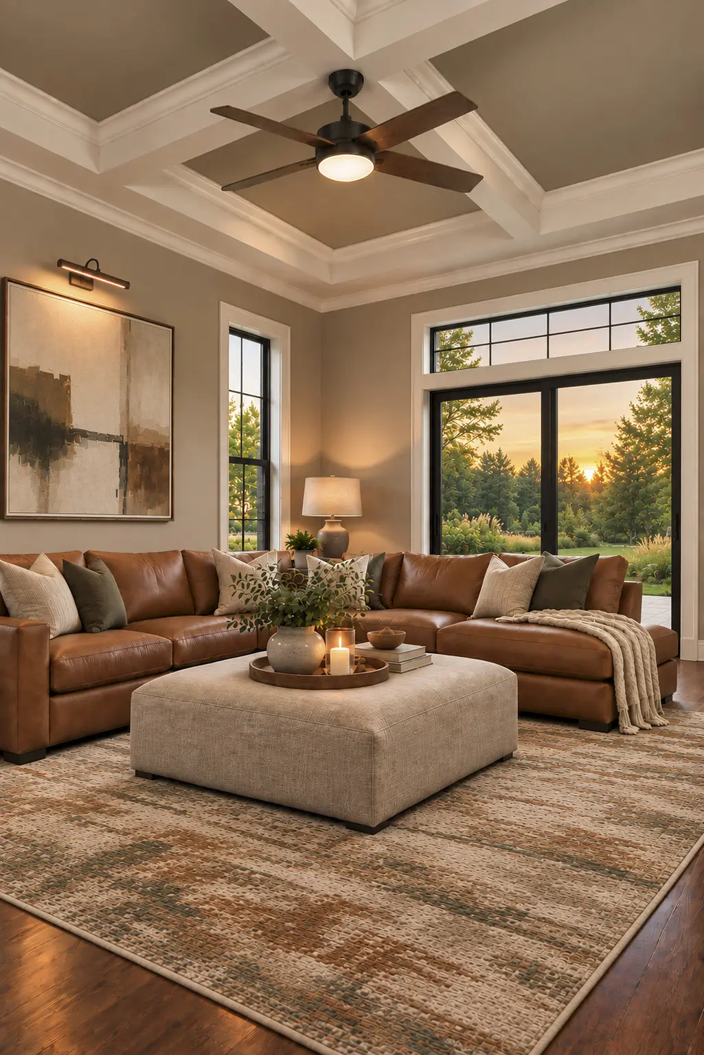 Stylish living space with warm lighting
