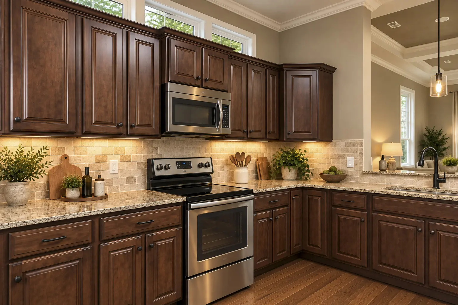 Elegant kitchen featuring granite countertops and stainless appliances