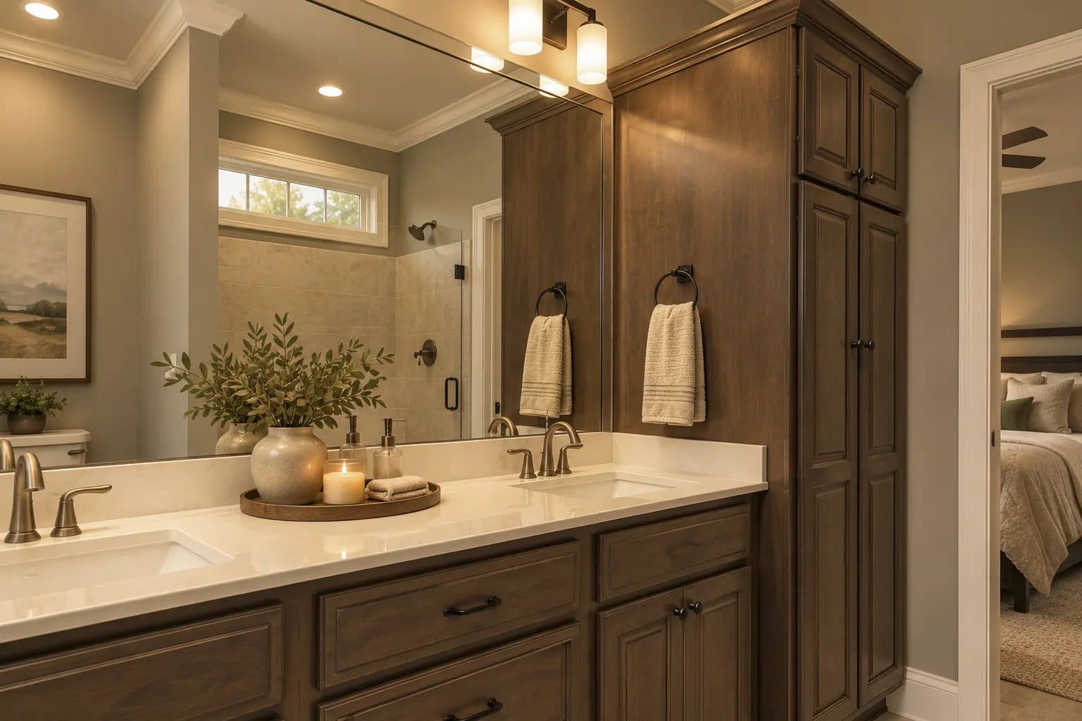 Stylish bathroom with white counter, dark wood storage