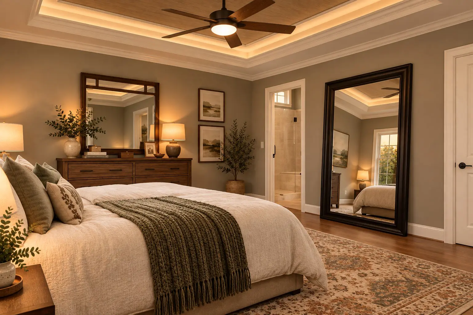 Modern bedroom with wooden furniture and fan