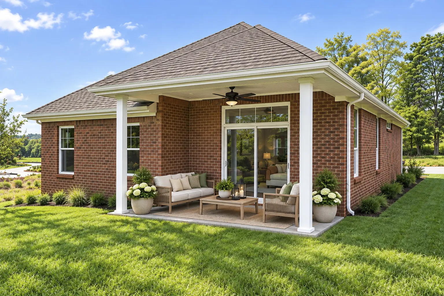 Backyard patio with outdoor seating and green lawn
