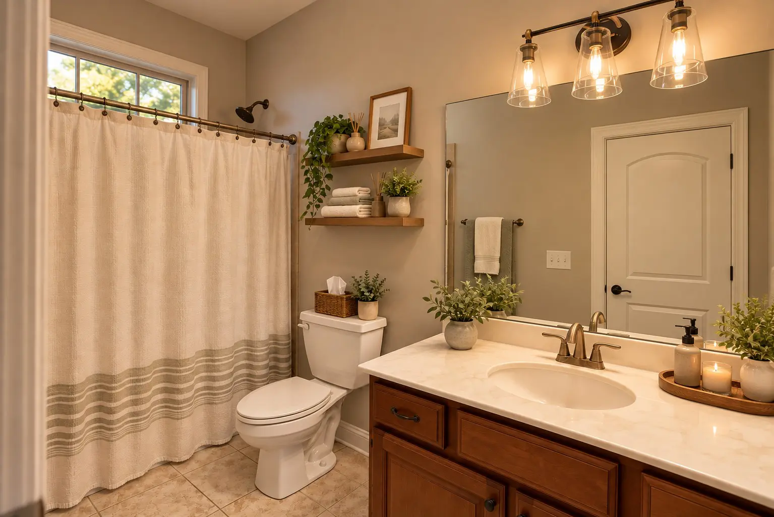 Stylish bathroom with vanity, toilet, and shower