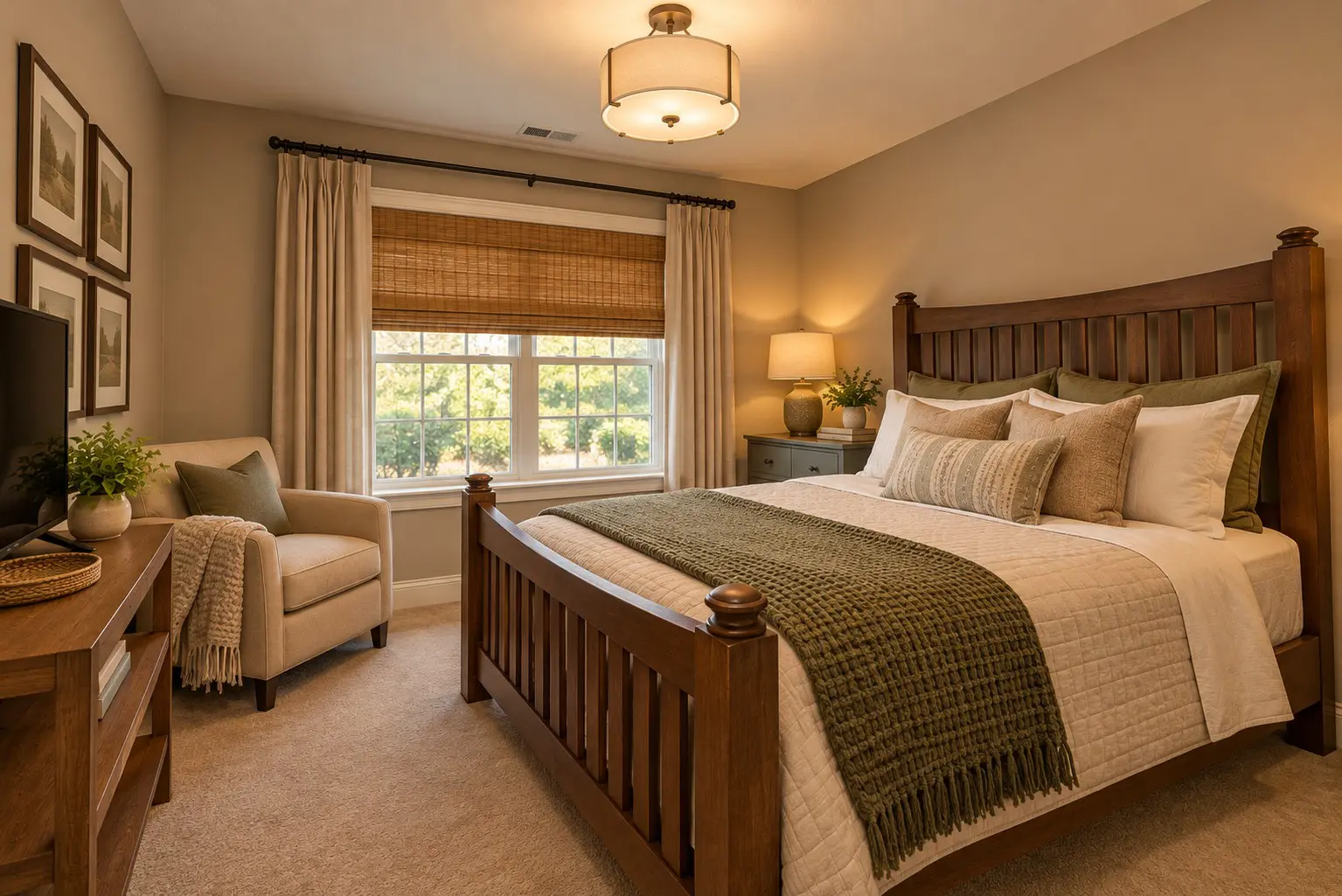 Cozy bedroom with wooden bed and window