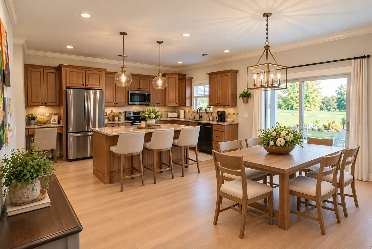 Bright kitchen with view of lush green lawn
