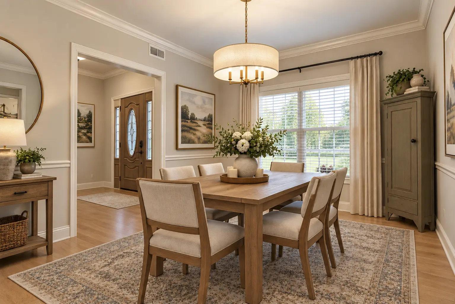 Bright, modern dining area with nature-inspired decor