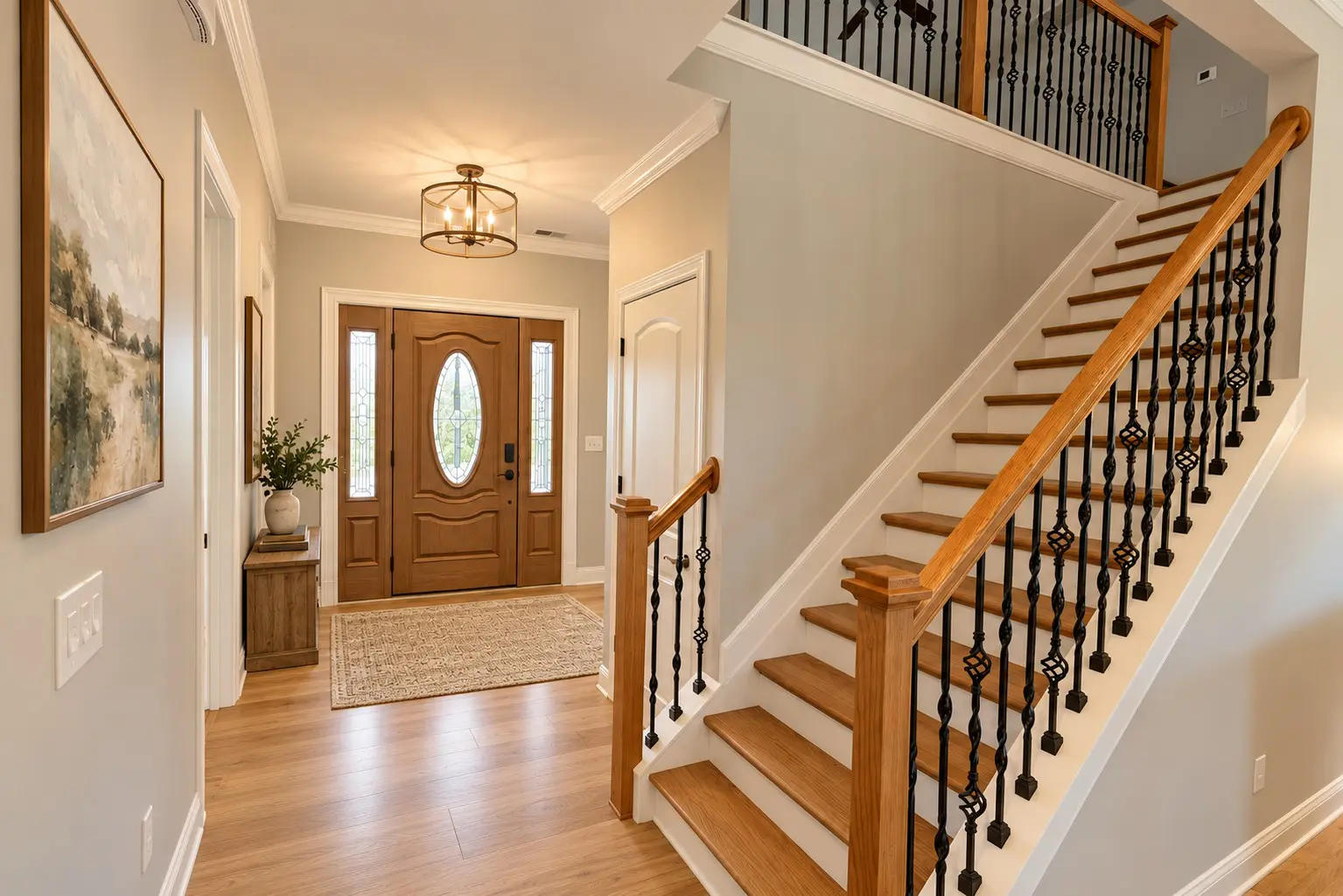 Spacious foyer with hardwood floor and staircase
