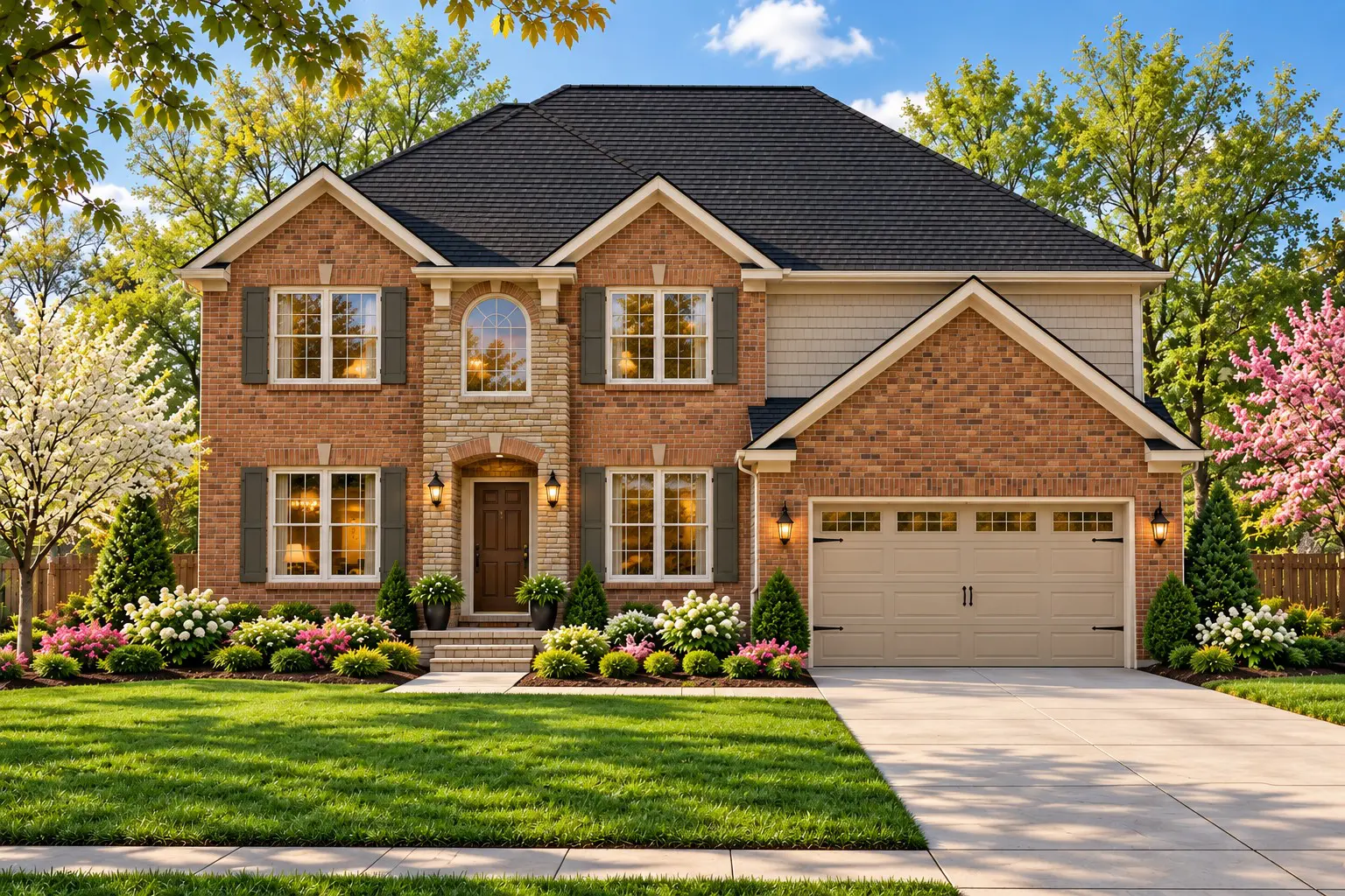 Beautiful suburban home with blooming trees