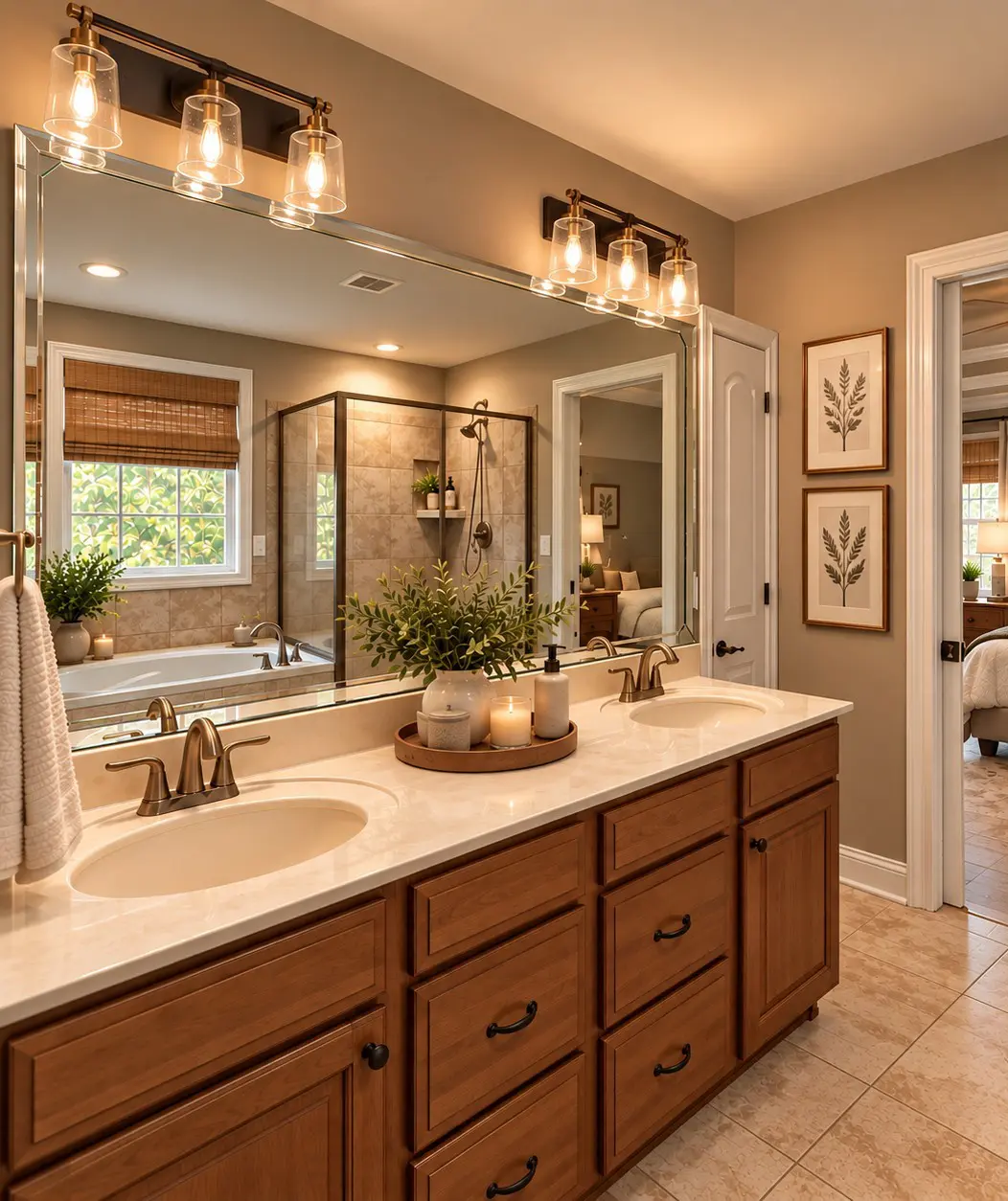 Spacious bathroom with double vanity and large mirror