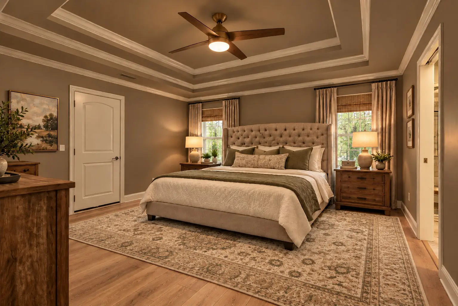 Stylish bedroom with wooden furniture and warm lighting