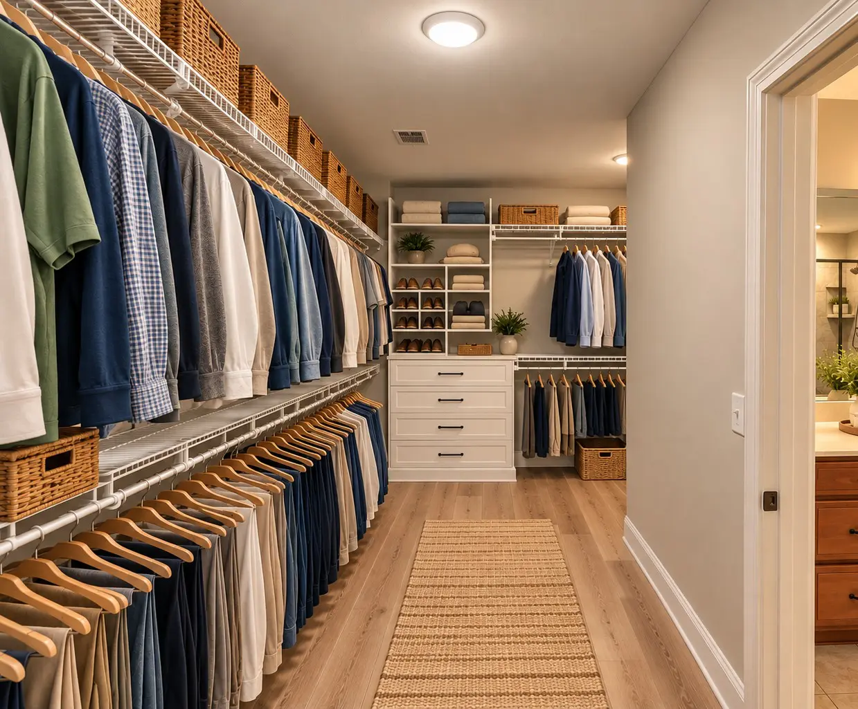Spacious walk-in closet design with wooden flooring