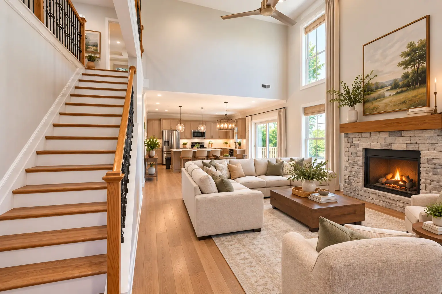 Spacious living room with fireplace and staircase