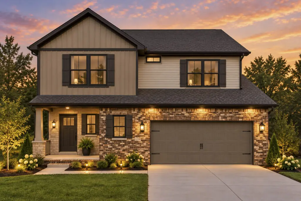 Modern two-story house at sunset