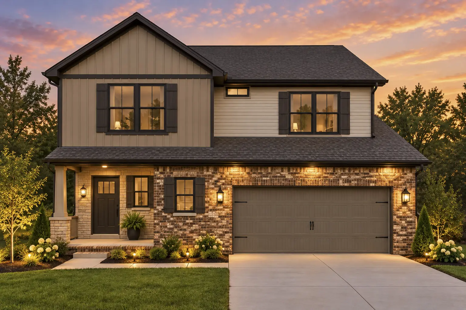 Modern two-story house at sunset