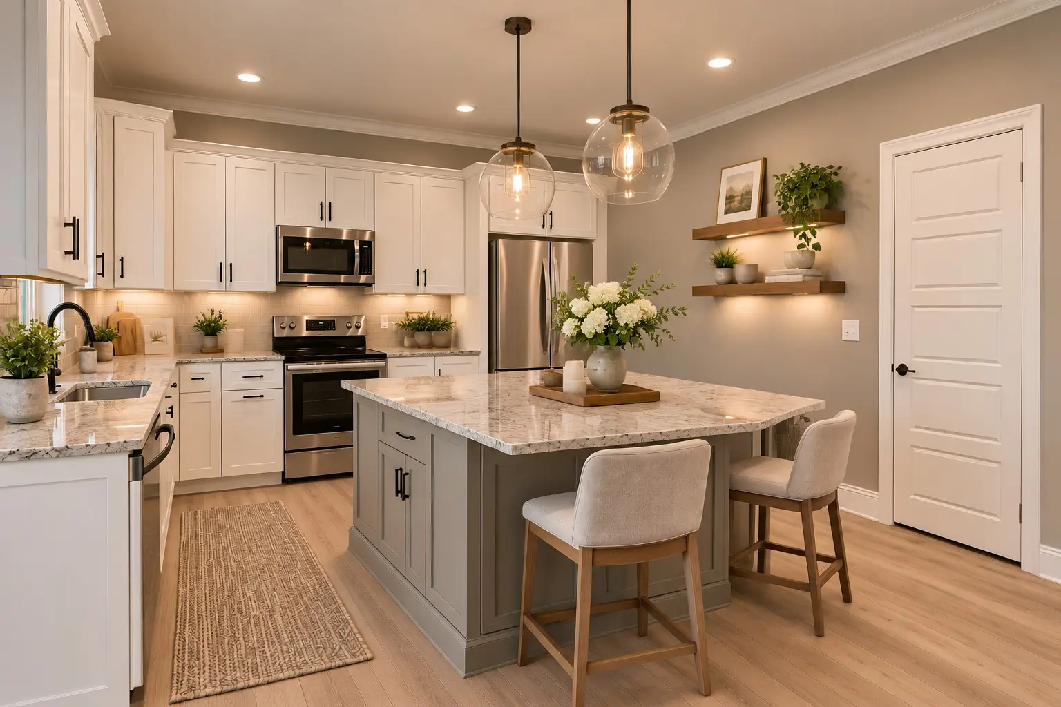 Bright kitchen with granite countertops and wood floors