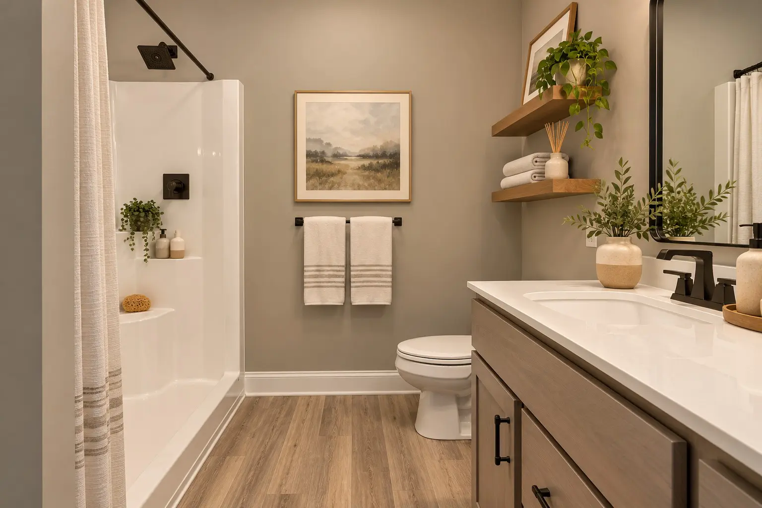 Contemporary bathroom with walk-in shower and floating shelves