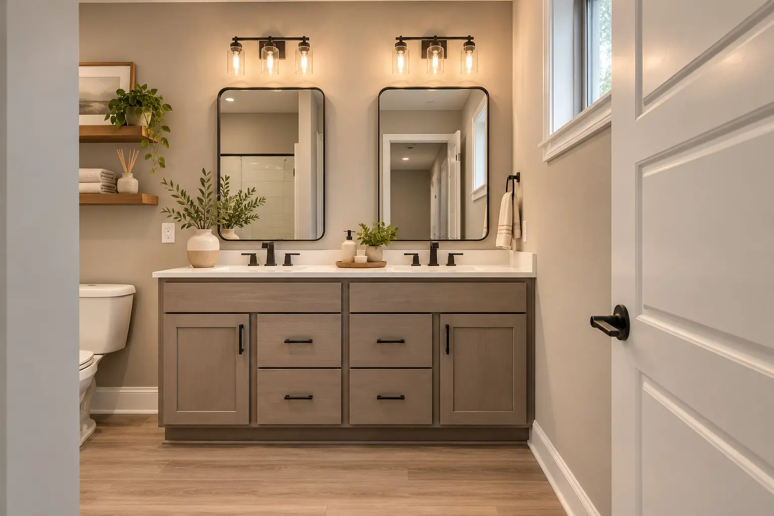Stylish bathroom with wood cabinets and dual sinks