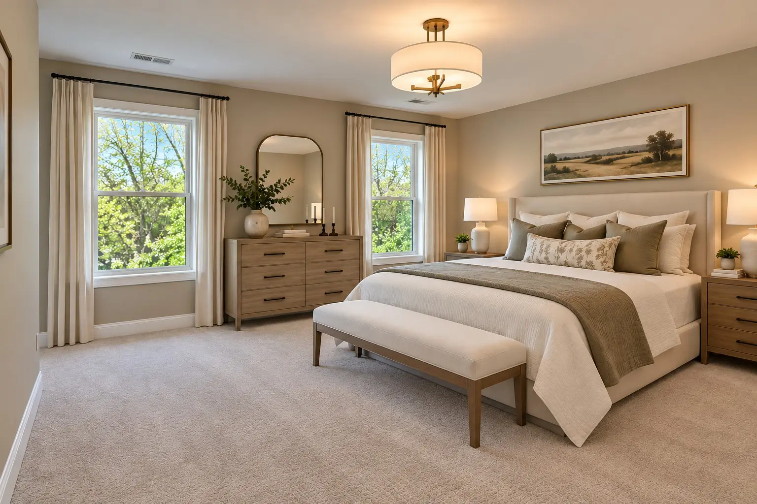Bright, spacious bedroom with king bed and bench