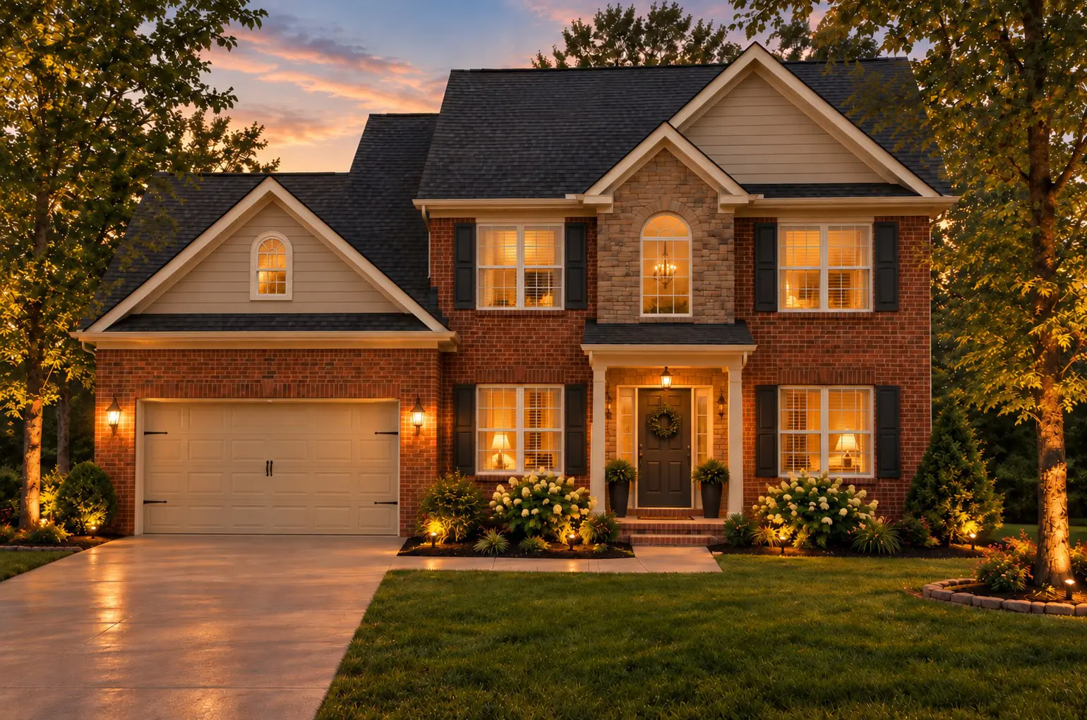 Suburban house with stone and brick exterior