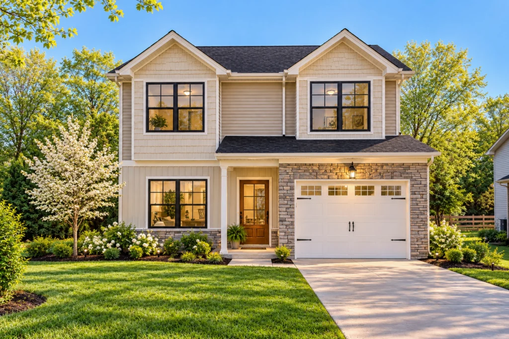 Craftsman-style house with blooming dogwood tree