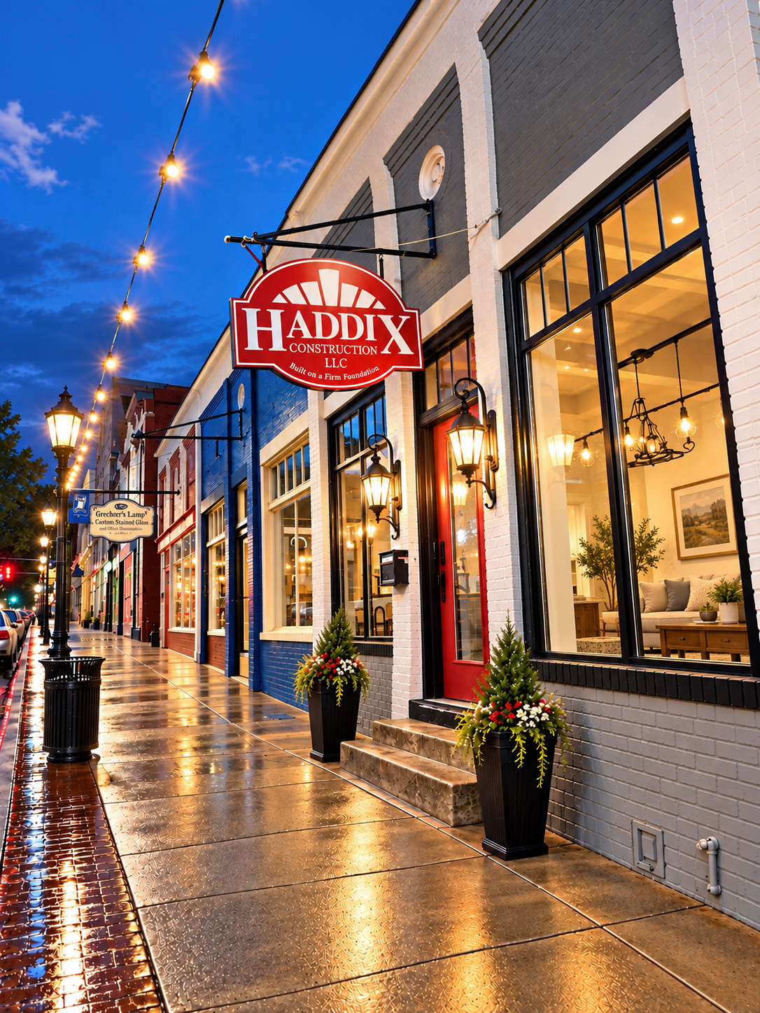 Haddix Construction sign on illuminated street