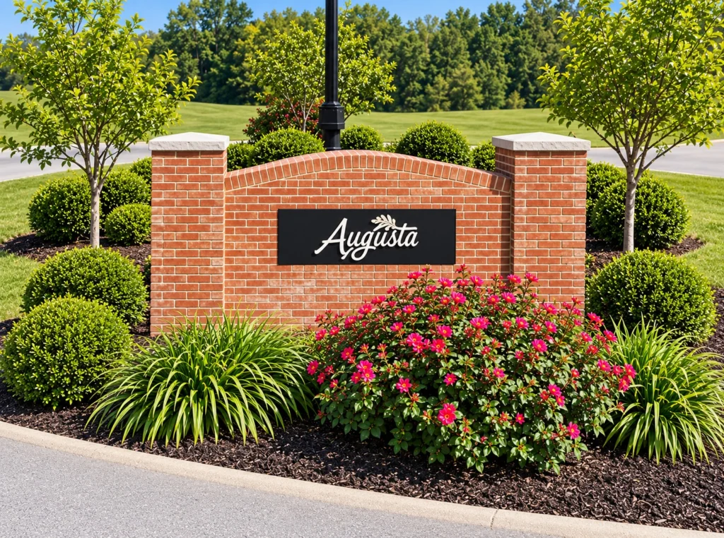 Brick Augusta sign, pink flowers, green bushes