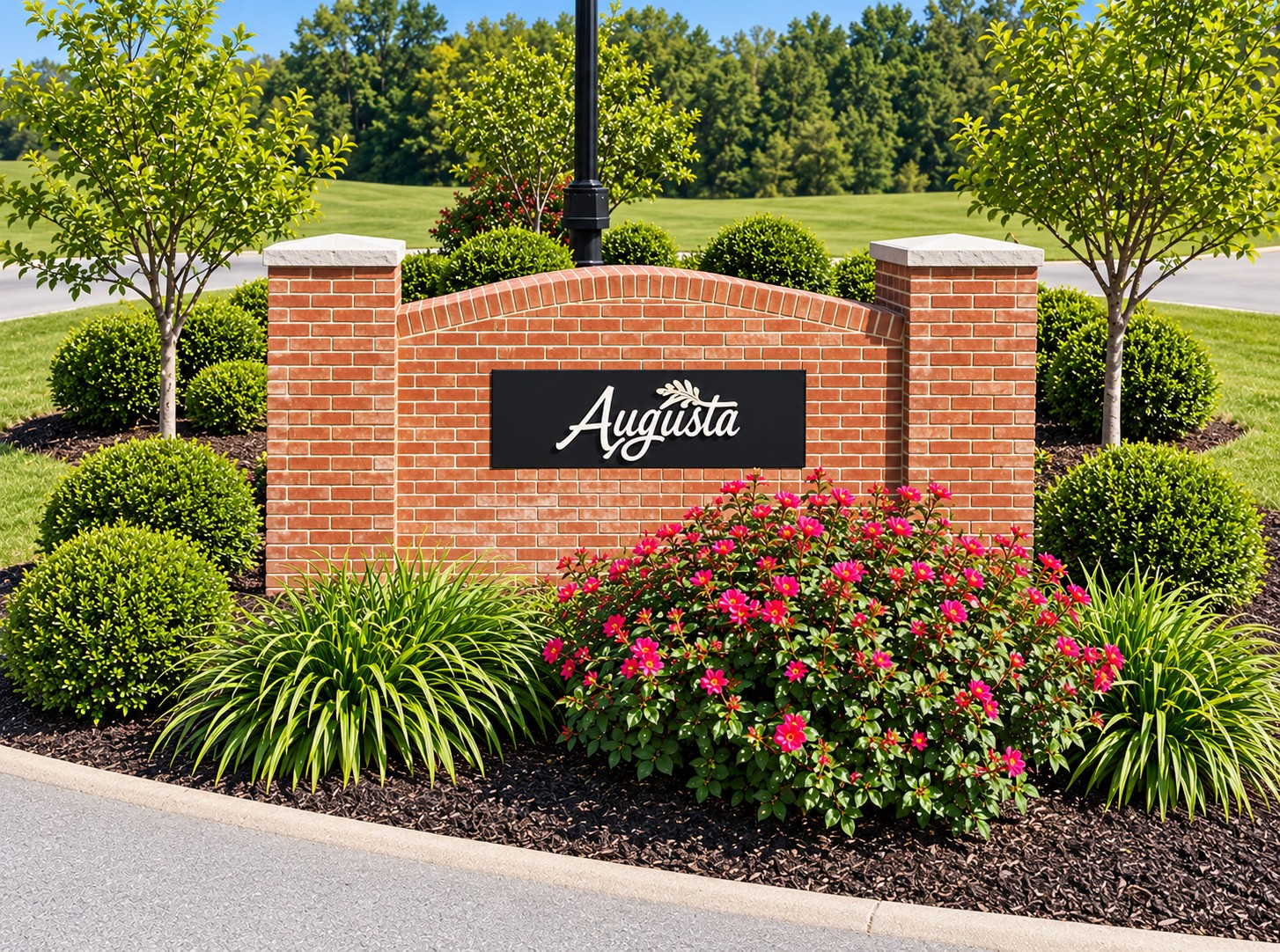 Brick Augusta sign, pink flowers, green bushes