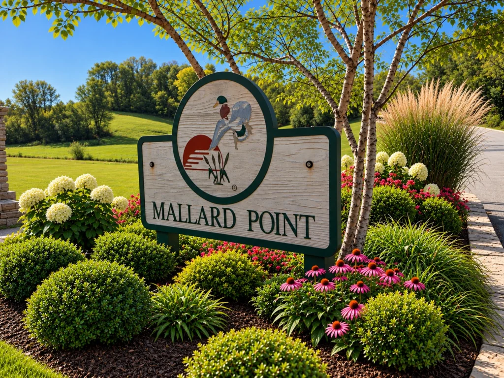 Entrance sign with flowers, green shrubs