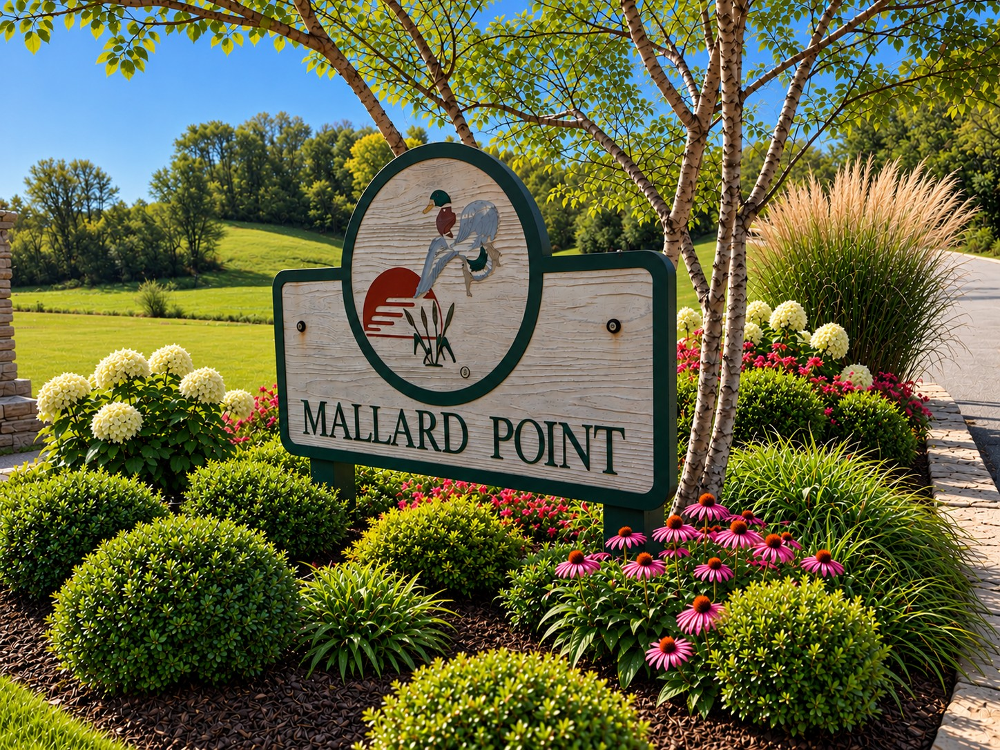 Entrance sign with flowers, green shrubs