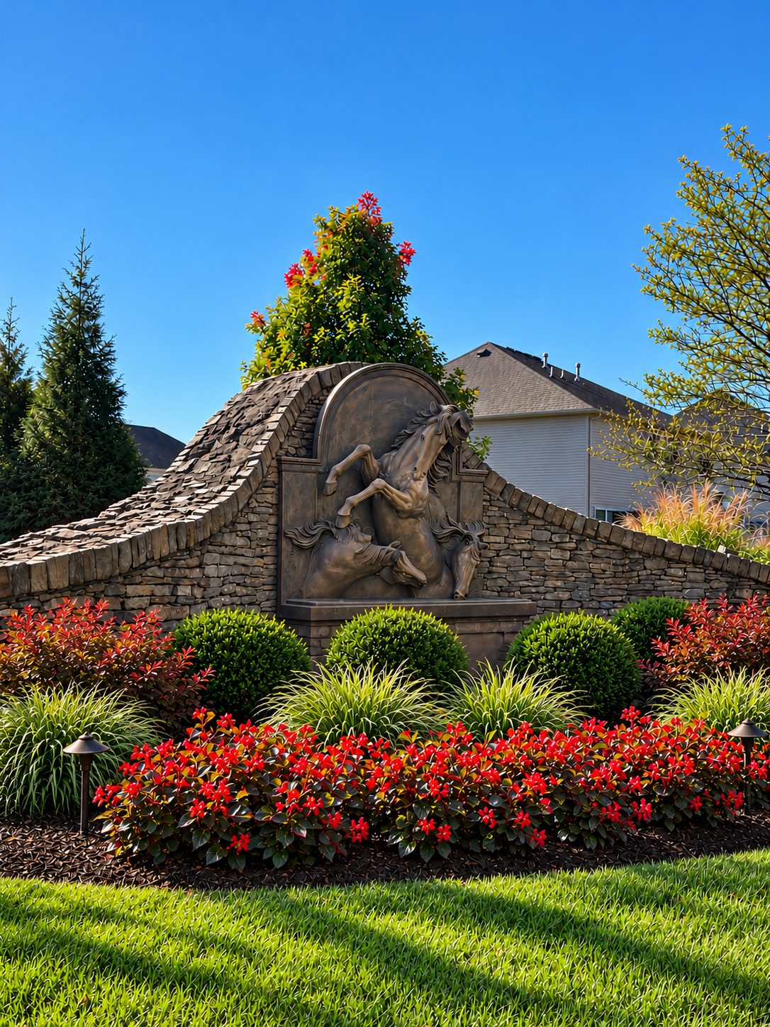 Stone wall with horse sculpture and red flowers
