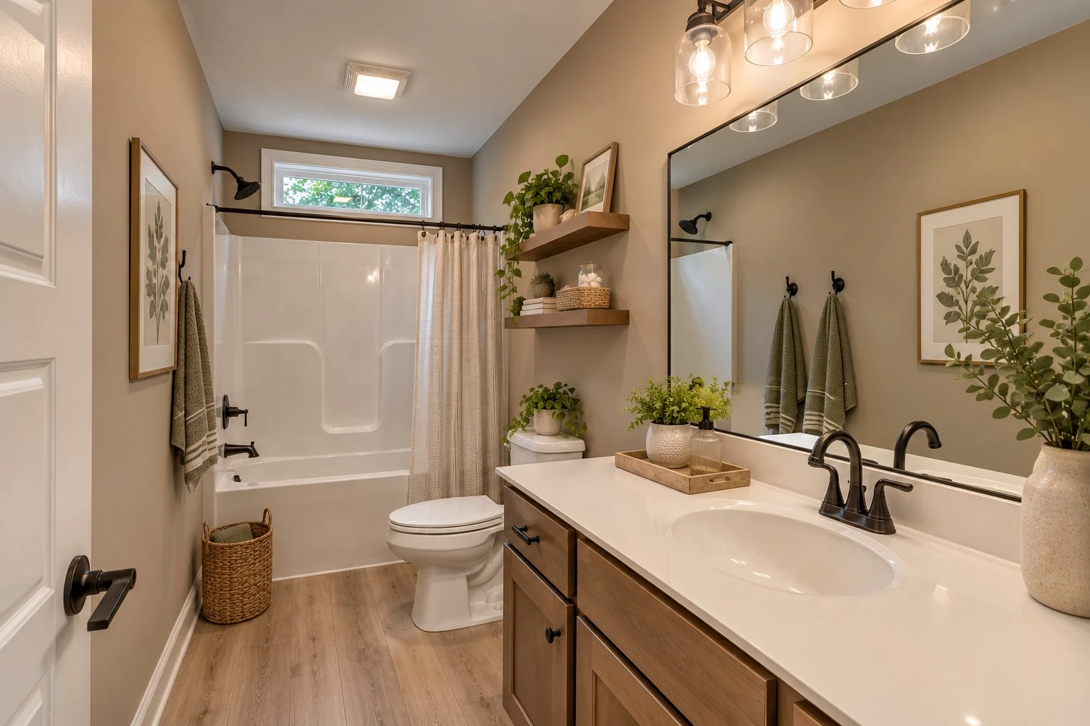 Clean, organized bathroom with wood accents