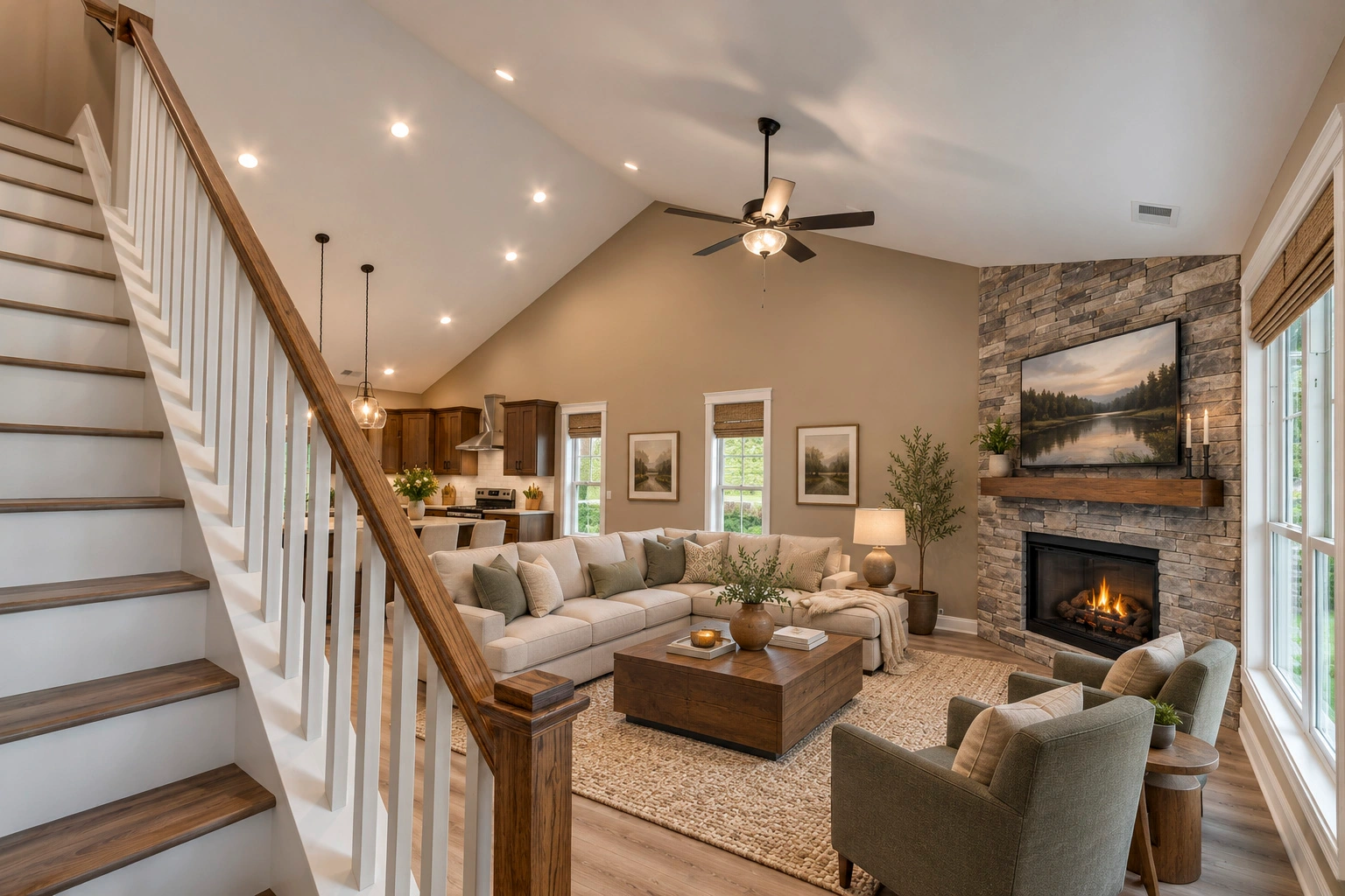 Open concept living room with fireplace