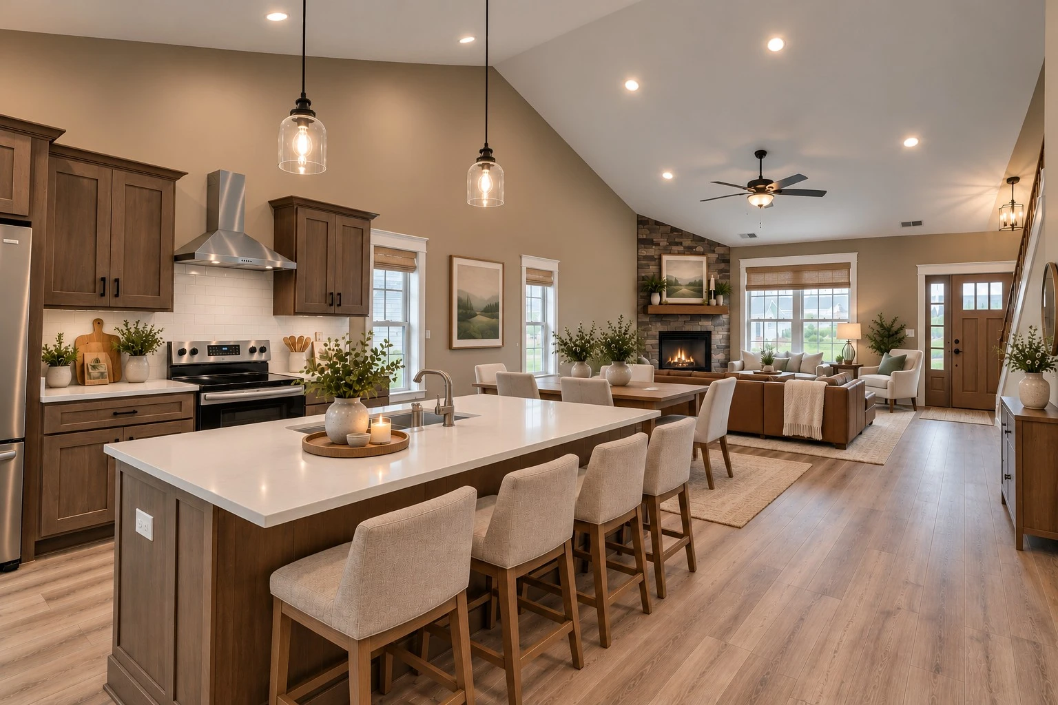 Open concept kitchen, dining, living room