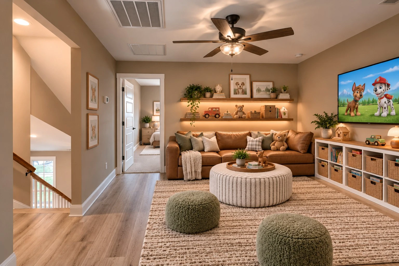 Warm, inviting basement with entertainment